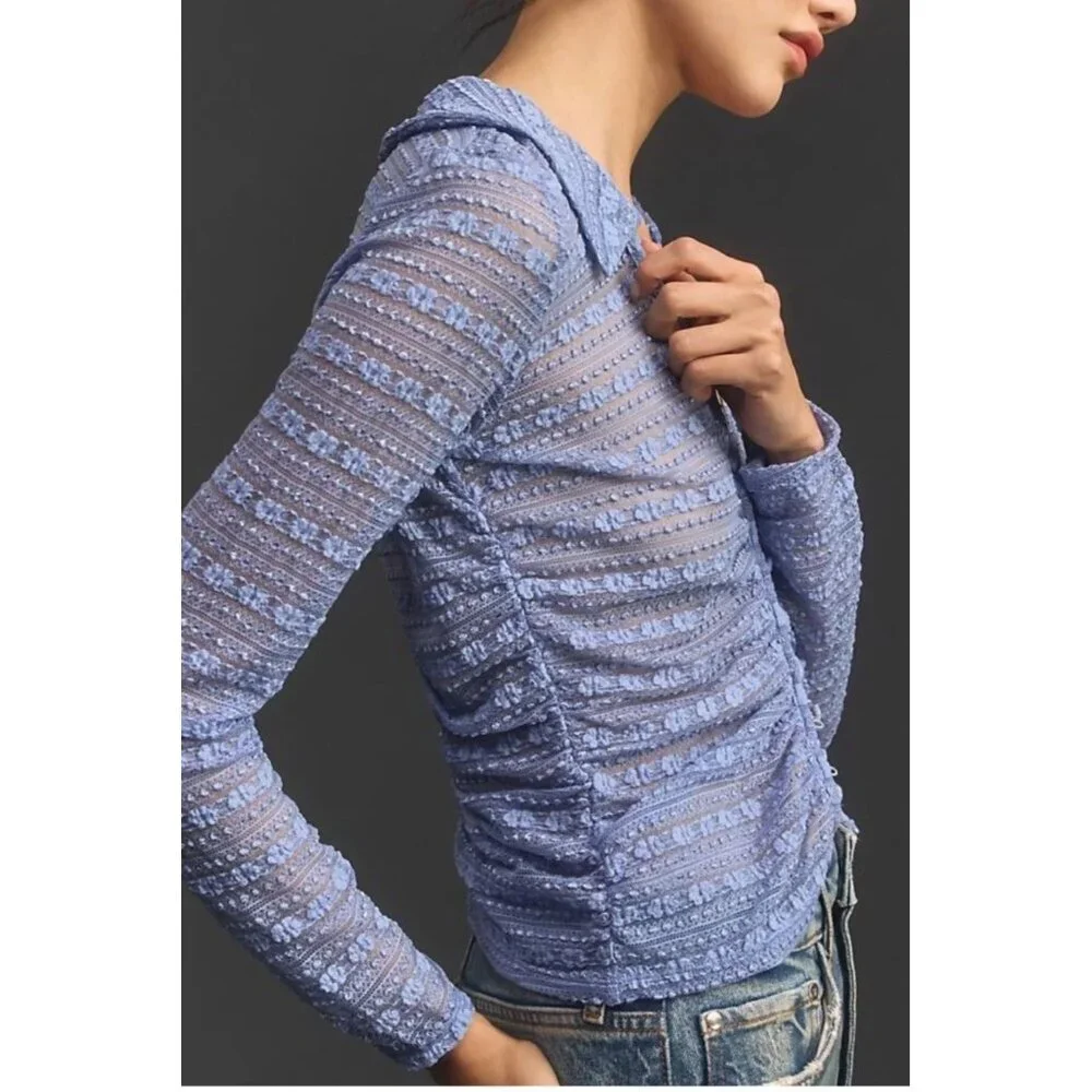 Anthropologie Long-Sleeve V-Neck Floral Lace Top lavender Sheer Blouse Romantic